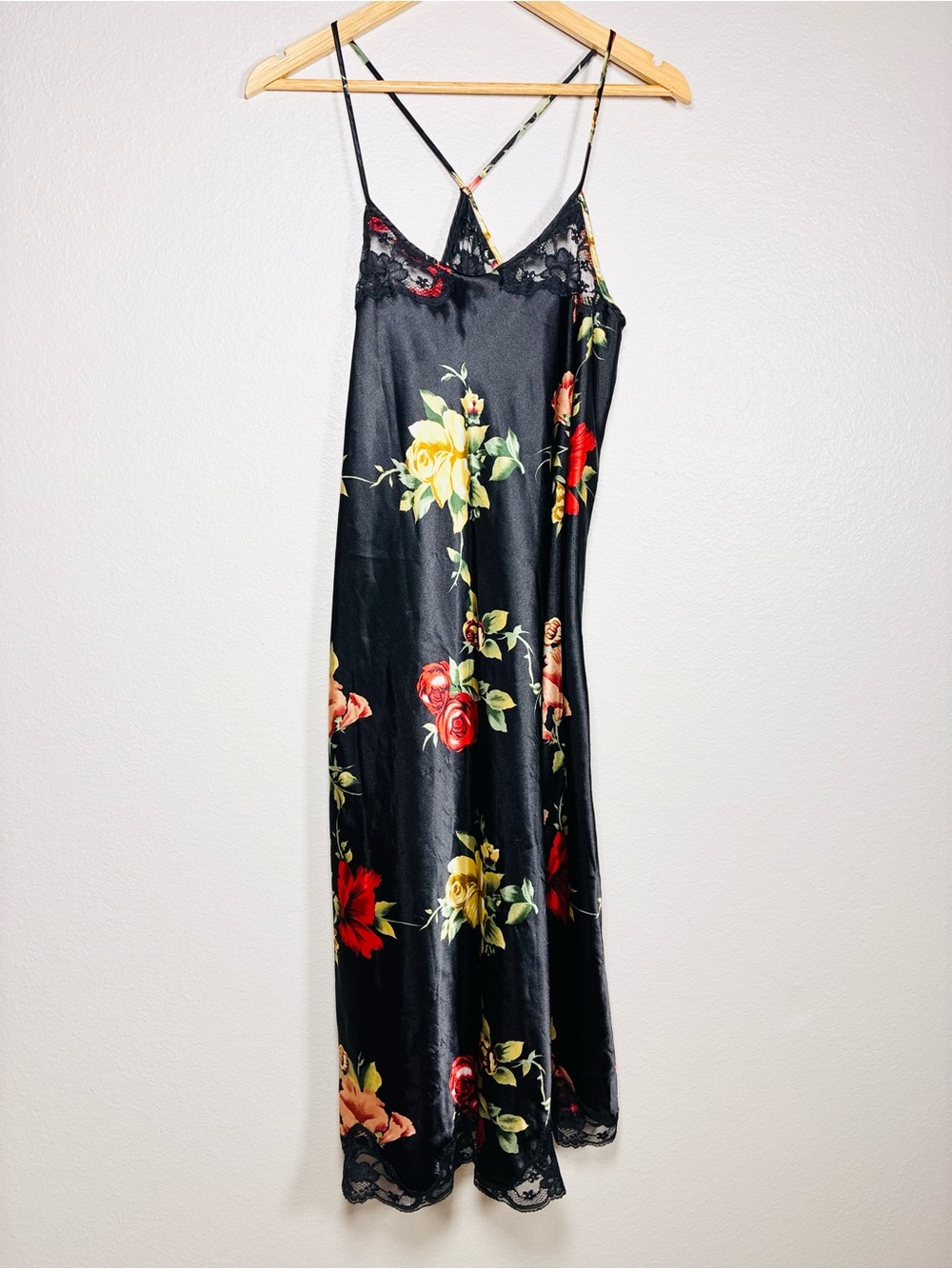 Vintage Cinema Etoile Floral Satin Lace Slip Dress Nightgown M Dark Whimsigoth